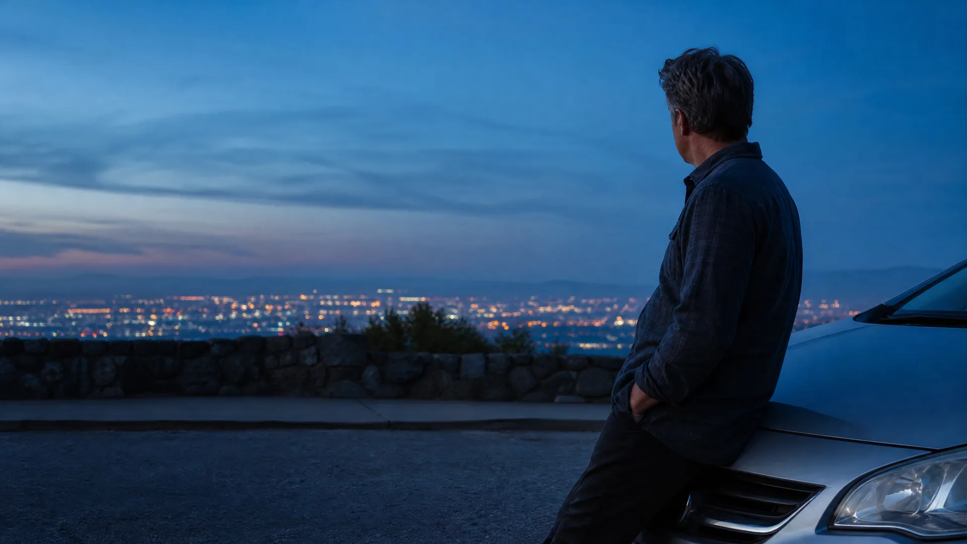 A man in a dark shirt leans against the hood of a silver car at dusk, looking out over a stone wall toward distant city lights under a blue sky.