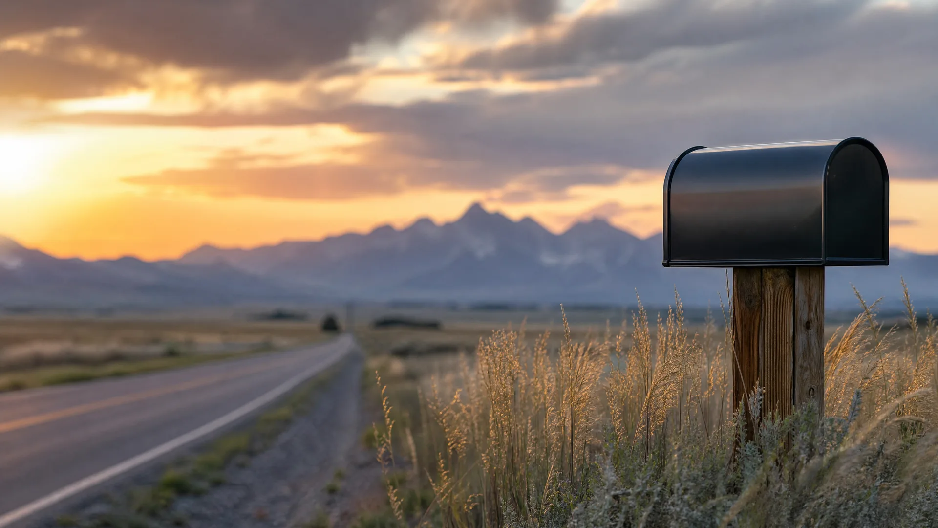 A black mailbox on a weathered wooden post stands in tall dry grass beside a two-lane road, with a distant mountain range and cloudy sunset sky behind.